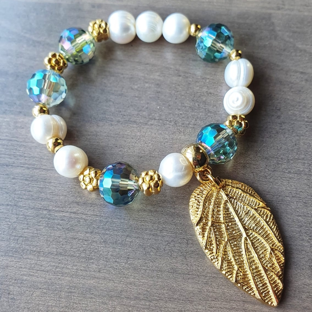 Gold and Blue Beaded Bracelet with Leaf Charm